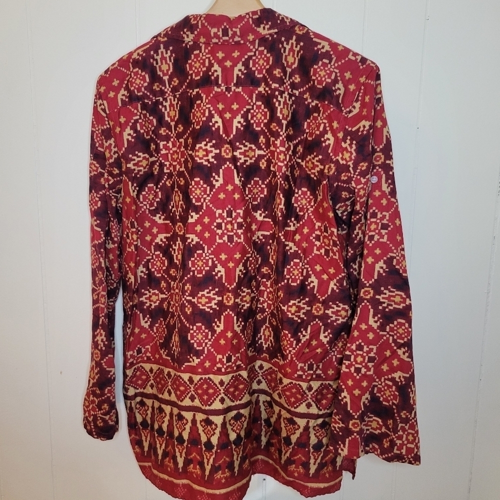 Vintage Lauren Ralph Lauren Cotton Red Gold Medallion Ikat Tunic Blouse - Picture 6 of 9
